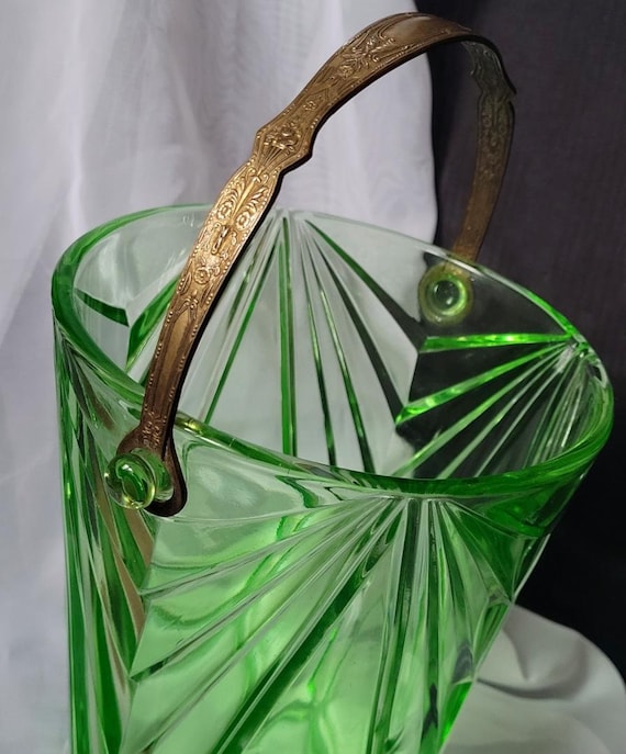 RARE Indiana Glass Pyramid Green Vaseline Ice Bucket Ornate Metal