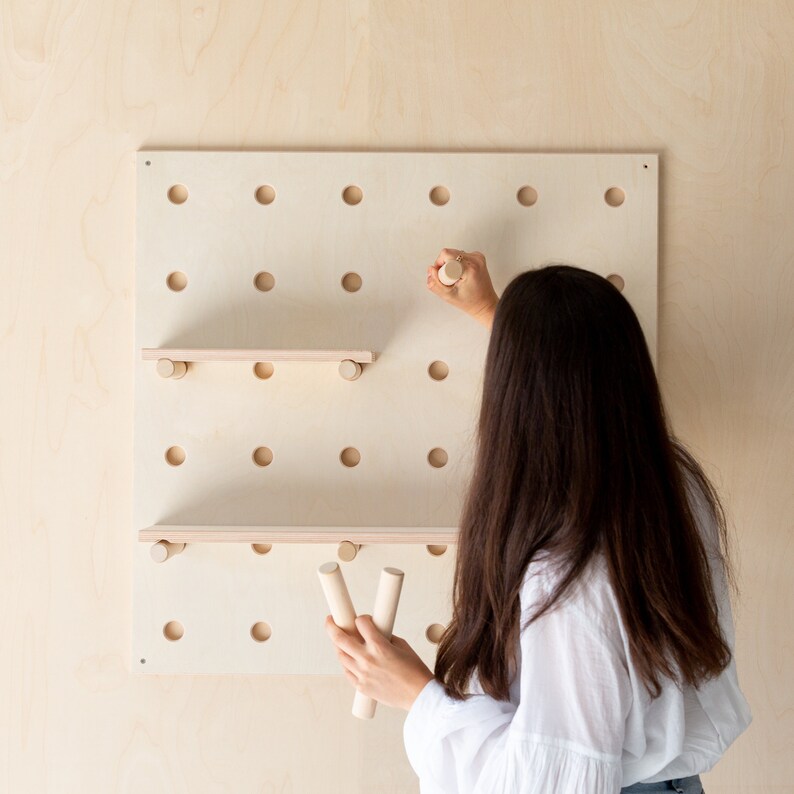 Wooden Pegboard Shelf Peg Board Wooden Shelves Store Etsy