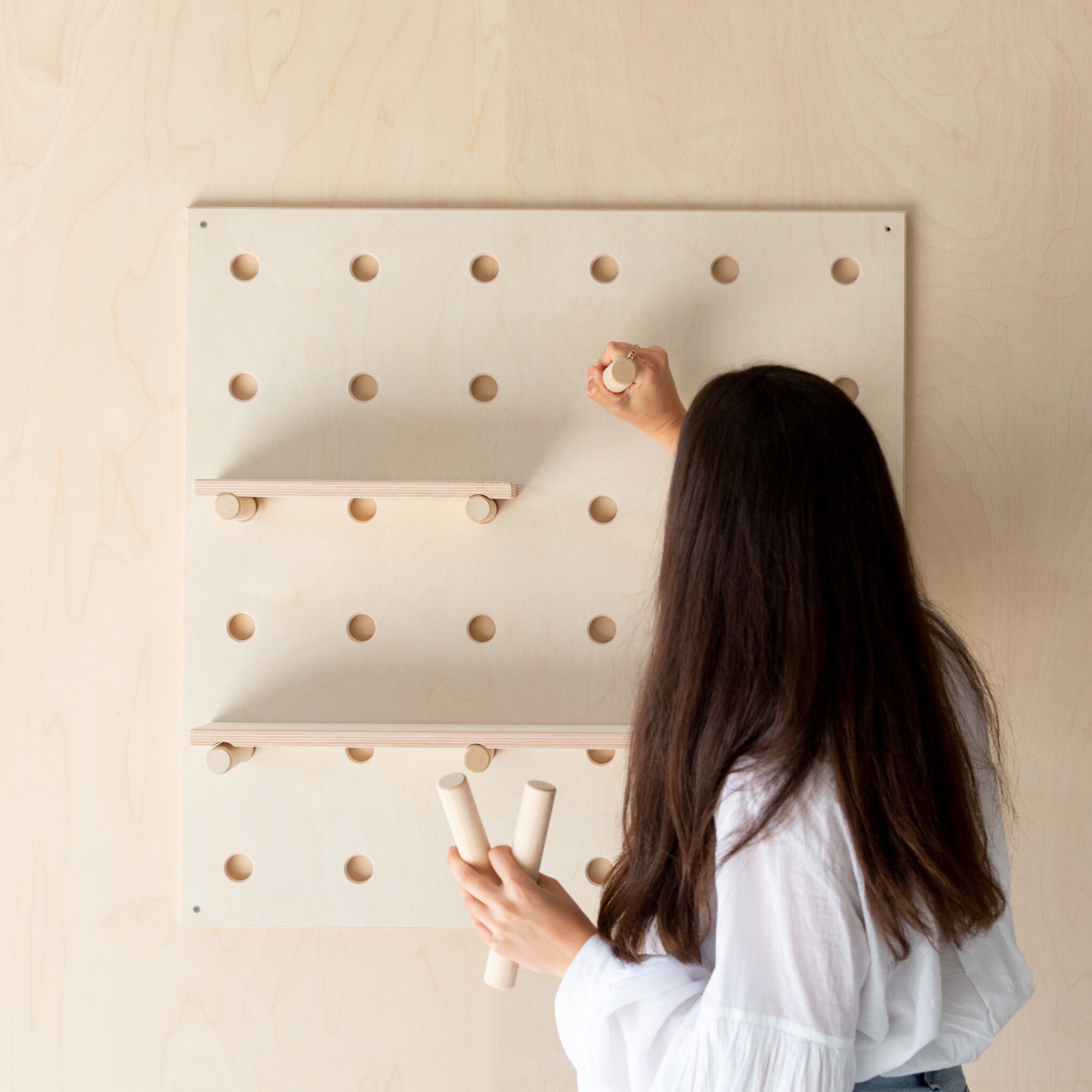Wooden Pegboard Shelf Peg Board Wooden Shelves Store Etsy