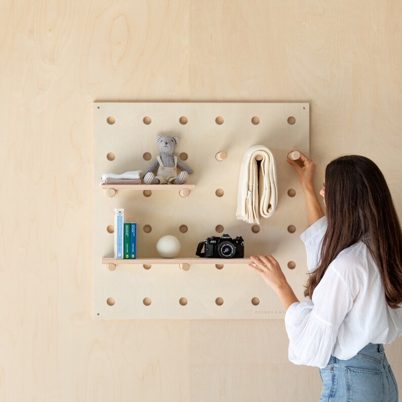 Wooden Pegboard Shelf Peg Board Wooden Shelves Store Etsy