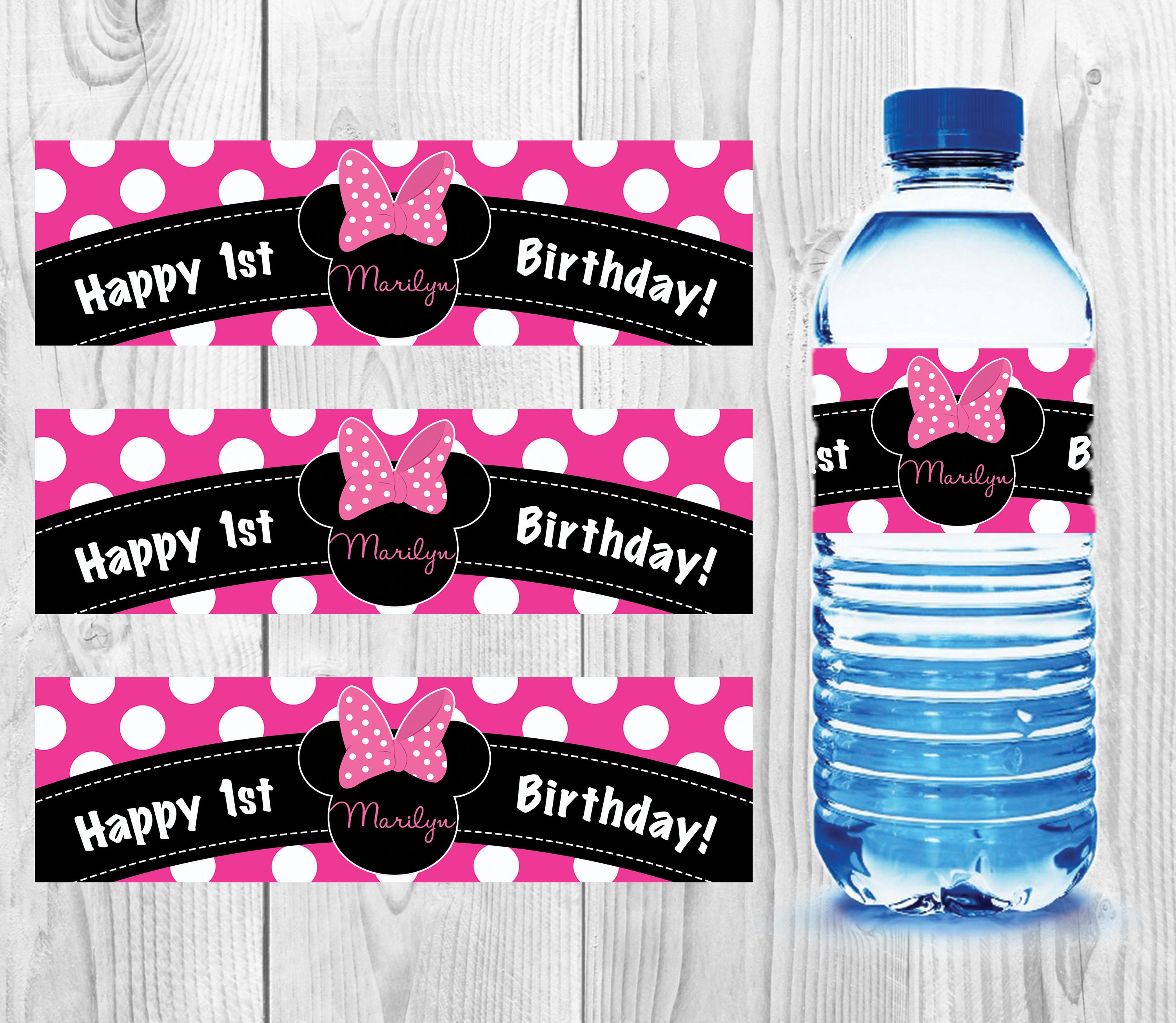Minnie Mouse Personalised Birthday Party Water bottle labels Stickers x 24 