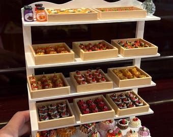 1/6 Miniature Mix Bäckerei auf Holzschrank,Puppenhaus Bäcker Vitrine,Bäckerei Möbel,Bäckerei