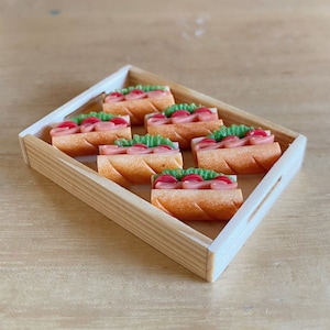 Miniature Sandwiches in wooden tray,Miniature Bakery,Miniature Sandwich,Miniature Sweets,Dollhouse Sweets,Miniature Ham Roll,Miniature Bread