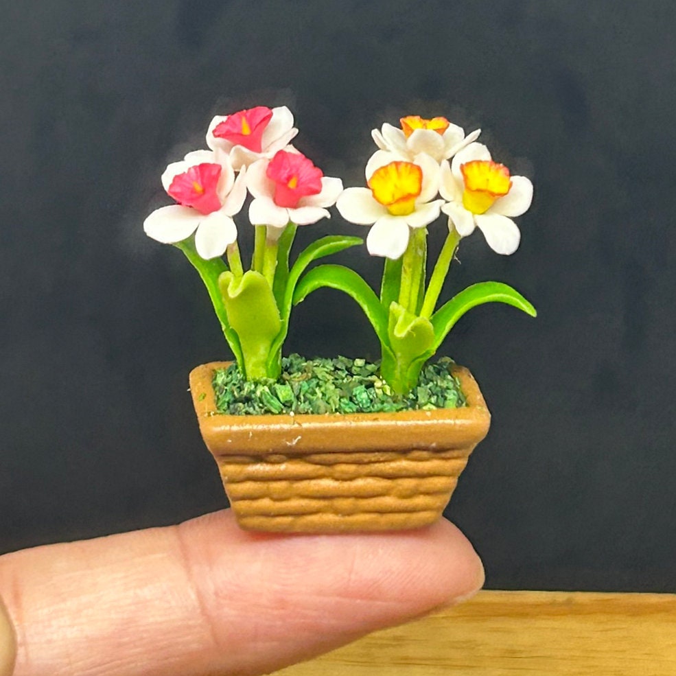 サイズSSミニチュア粘土花植木鉢、ミニチュア花、ドールハウスの花