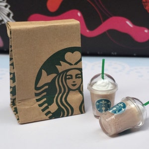 Miniature Starbucks Paper Bag and 2 pcs Ice Starbucks Coffee Latte,Miniature coffee cup Starbucks,Miniature Ice tea,Dollhouse Starbuck image 2