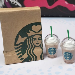 Miniature Starbucks Paper Bag and 2 pcs Ice Starbucks Coffee Latte,Miniature coffee cup Starbucks,Miniature Ice tea,Dollhouse Starbuck image 1