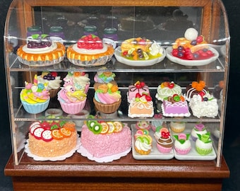 Miniatur Kuchen und Bäckerei Holzschrank, Puppenhaus Bäckerei Vitrine, Bäckerei Display, Miniatur Möbel, Obst Cupcakes Bäckerei