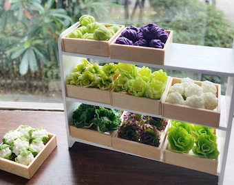 Miniatur-Mix-Gemüse auf Holzständer,Miniatur Display,Miniatur Chinakohl,Miniatur Kohl,Miniatur Blattsalat,Sellerie