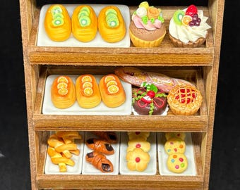 Miniature Wooden Stand with Bakery,Miniature Bakery Display,Miniature Mix Bread,Miniature Bakery Shop,Miniature bread