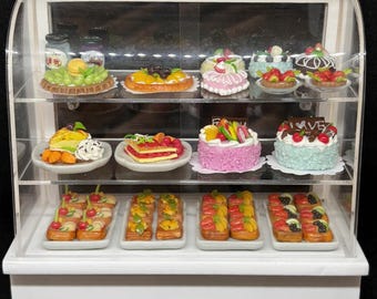 Miniature Cakes and Bakery Wooden Cabinet,Dollhouse Bakery Showcase,Bakery Display,Miniature Furniture,Fruit Cupcakes Bakery