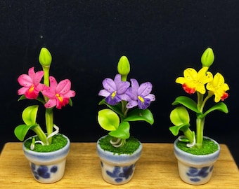 Miniature Flower,Miniature Flower Pot,Miniature Orchid,Dollhouse Flower,Miniature Garden,Dollhouse Orchid,Clay Flower