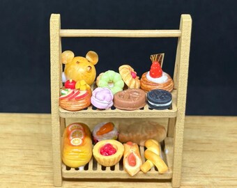 Miniature Bakery on Wooden Stand,Miniature Display,Miniature Mix Bakery,Miniature Breads,Dollhouse Bakery, Dollhouse Bread