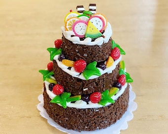 Miniature 3Tier Chocolate Fruit Cake,Miniature Cakes,Miniature Fruit Cakes,Wedding Cakes,Dollhouse Cakes,Miniature Chocolate Cakes