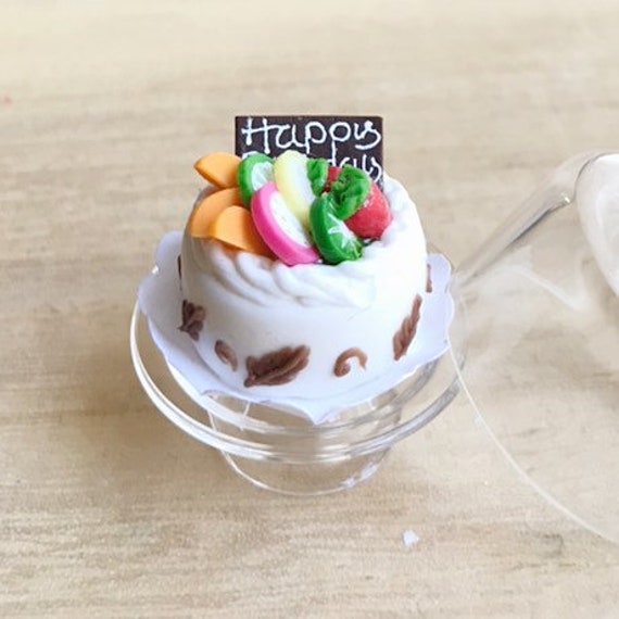 Dollhouse Miniatures Chocolate /& Vanilla Fruit Birthday Cake with Candles Bakery