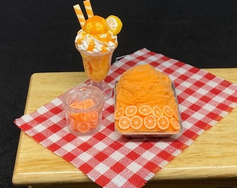 Miniatur Orangen Eiscreme mit Toppings-Set,Miniatur Süßigkeiten,Puppenhaus Essen,Miniatur Eis,Eiscreme,Puppenhaus Eis,Früchte Eiscreme