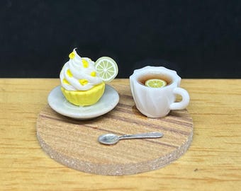 Miniature Lemon Cupcake with lemon tea on wooden tray.Miniature Bakery,Dollhouse Food,Miniature Cake,miniature fruit,Dollhouse Tea