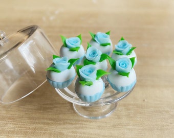 7 teilig.Miniatur Blaue Rose Cupcake,Rosen Kuchen,Miniatur Cupcakes,Miniatur süß,Miniatur Backstube,Puppenhaus Essen