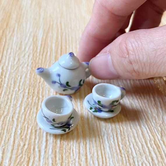 Miniature Tea Pot and 2Tea Cup Sets,Miniature Ceramic Tea Cup with saucers,  Miniature Tea,Dollhouse Sweet,Miniature Tea Pot