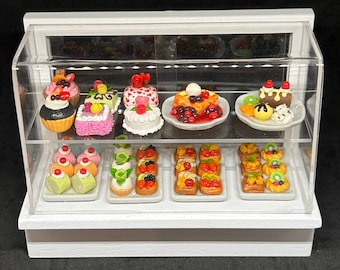 Miniatur Kuchen und Bäckerei Holzschrank, Puppenhaus Bäckerei Vitrine, Bäckerei Display, Miniatur Möbel, Obst Cupcakes Bäckerei