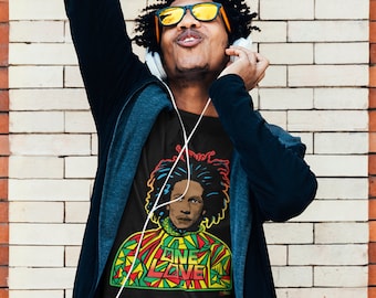 Bob Marley One Love Rasta Kleuren op Zwart Unisex Zwaar Duurzaam Lang Katoen T Shirt