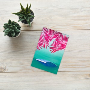 Palmas Rosas y Hojas de Las Olas - Hojas de Palma, Rosa, Ola, arte del surf, calmando, arte del océano, impresión de arte, postal, 4x6