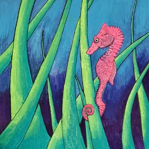 Pink Seahorse Original Painting of Ocean Animal wall Art for bedroom or bathroom