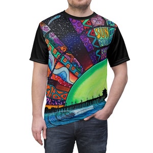 Huntington Beach Trippy Pier All Over Print T Shirt -  Psychedelic clothes, Raver clothing Sacred Geometry