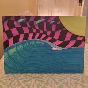 Wave & Checkers Psychedelic Original Trippy Surf Art 5x7 decor on canvas panel perfect for framing