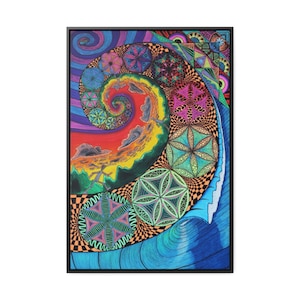 Fibonacci Spiral Framed Canvas Print - Spiritual Sacred Geometry Wall Art, Psychedelic Room Decor, Yoga Studio Decorations