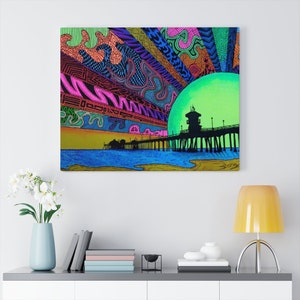 HB Dazzle Canvas - Huntington Beach, Psychedelic, Trippy, Trippy Art, Surf Art, Surf, Psychedelic Art, Wave, Pier, Huntington Beach Pier