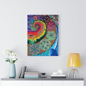 May include: A colorful abstract painting featuring a spiral design with geometric shapes and patterns. The spiral is surrounded by a blue wave and a green and yellow landscape. The painting is done in a variety of colors, including red, orange, yellow, green, blue, and purple.