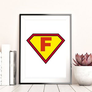 Letra F de super-herói, arte de parede para impressão, citações inspiradoras, arte para download, preto e branco, decoração de escritório doméstico, impressão para download