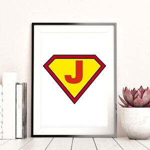 Letra J de super-herói, arte de parede para impressão, citações inspiradoras, arte para download, preto e branco, decoração de escritório doméstico, impressão para download