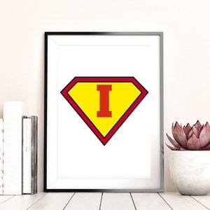 Superhelden-Buchstabe i, druckbare Wandkunst, inspirierende Zitate, herunterladbare Kunst, schwarz und weiß, Home Office Dekor, herunterladbare Druck