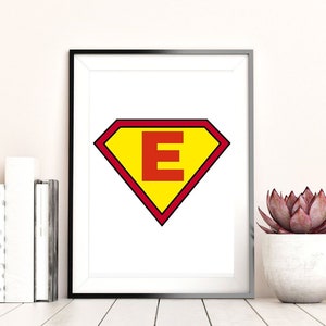 Superhelden-Buchstabe E, druckbare Wandkunst, inspirierende Zitate, herunterladbare Kunst, schwarz und weiß, Home Office Dekor, herunterladbare Druck