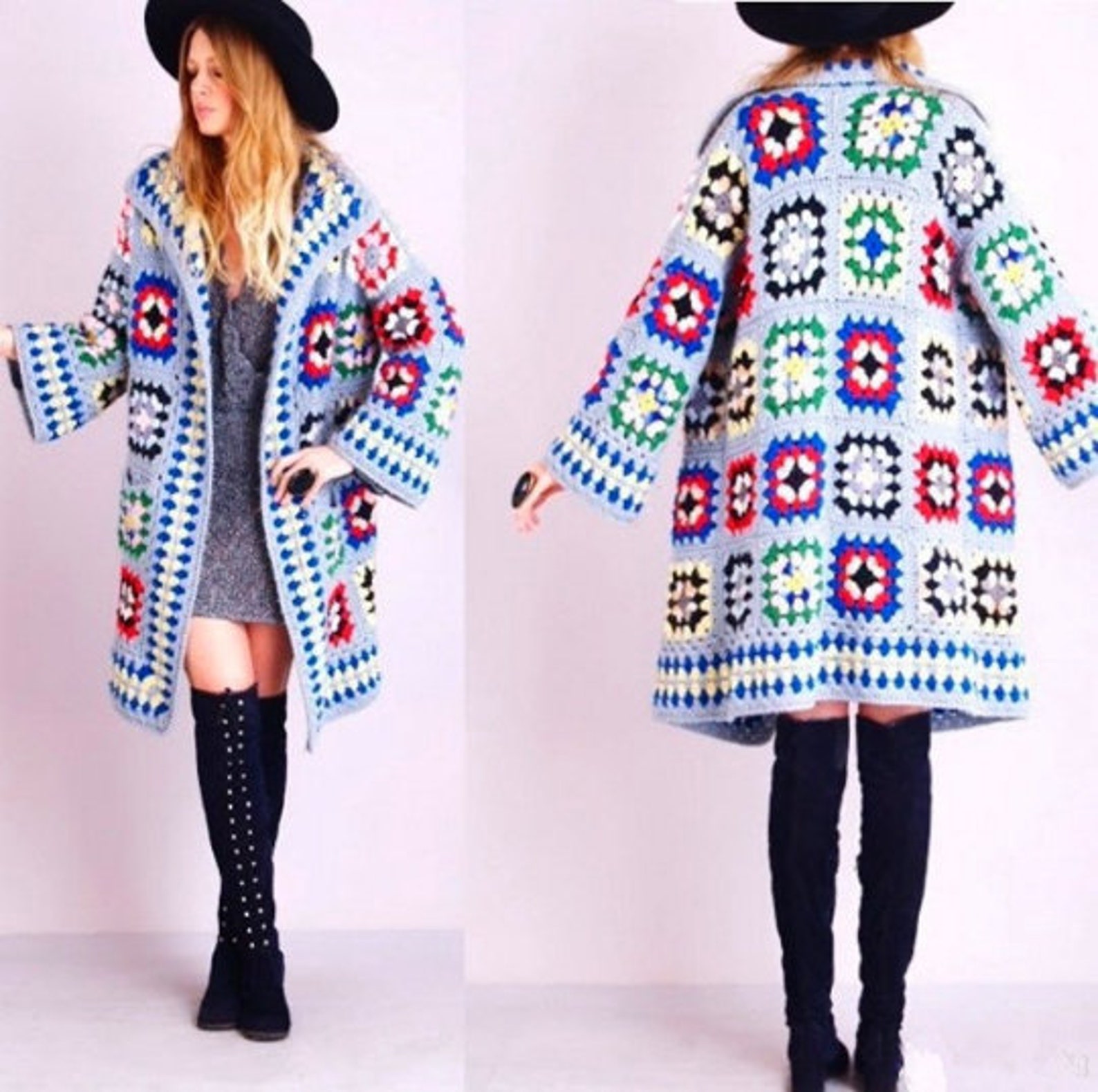 Blue knit coat Granny square Kimono Oversize Patchwork Etsy