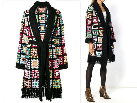 Crochet fringe jacket, Knit Patchwork coat, Afghan Granny square cardigan, Festival Hippie Bohemian style, kimono duster sweater Crochet fringe jacket, Knit Patchwork coat, Afghan Granny square cardigan, Festival Hippie Bohemian style, kimono duster sweater
