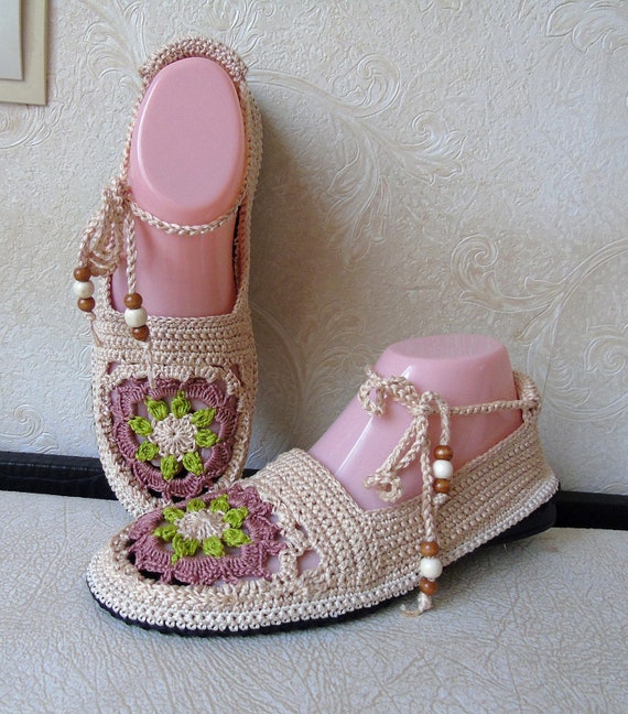 Beige Sandals Summer Brown Casual Crochet Ballet Shoes Rubber Etsy