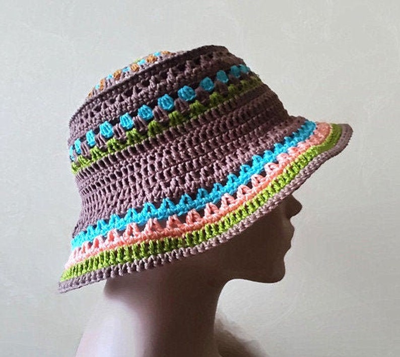 Crochet bucket hat Cotton Brim Hat Hipster hippie Colorful | Etsy