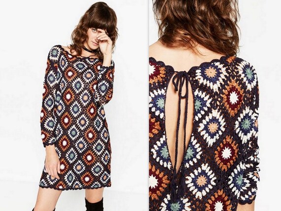 Women sleeve sweater dress. Granny square crochet top. Hippie | Etsy