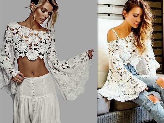 Women Gypsy Boho Crochet Off The Shoulder Bell Sleeve Top Blouse
