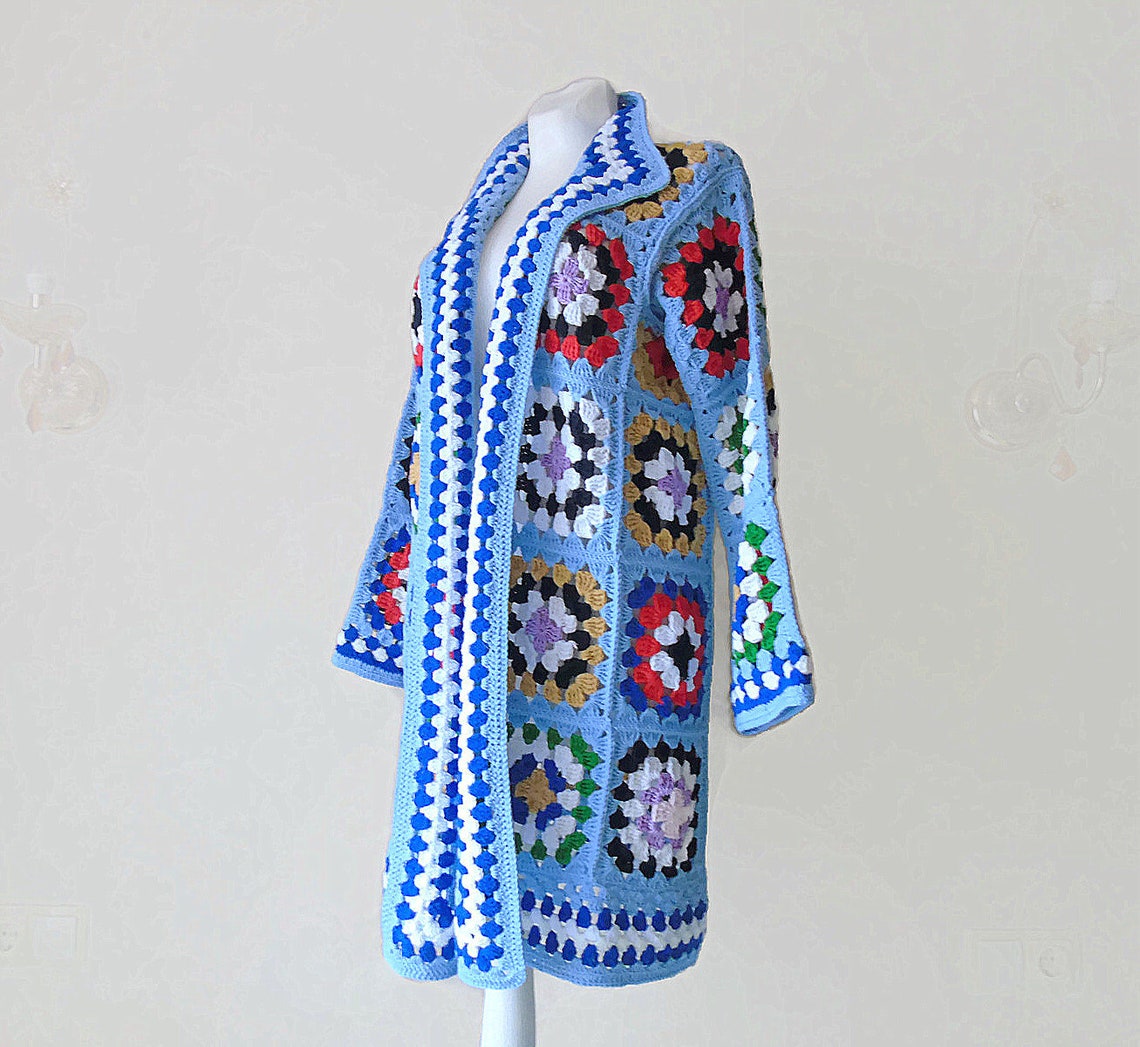 Blue knit coat Granny square Kimono Oversize Patchwork Etsy