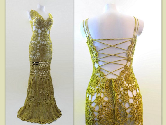 Crochet Beach Wedding Dress Open Back Long Floor Length Formal Prom Evening Sexy Dress Mustard Yellow Knitted Wedding Dress