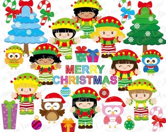 CHRISTMAS KIDS Digital Clipart, Christmas Clipart, Owl Clipart, Elves, Elf Clipart / Instant Download (CG094)