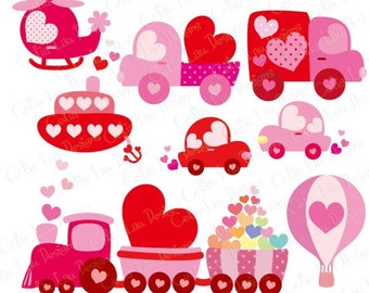 Love Transport Clipart , Sweet Heart Transport Clipart, Pink Train Truck Helicopter , Happy Valentine's Day (CG122) / INSTANT DOWNLOAD