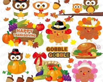 Gobble Thanksgiving Clipart, Turkey Clipart, Pumpkin clipart,Fall clipart,Harvest clipart,Cute Thanksgiving(CG084)/ INSTANT DOWNLOAD