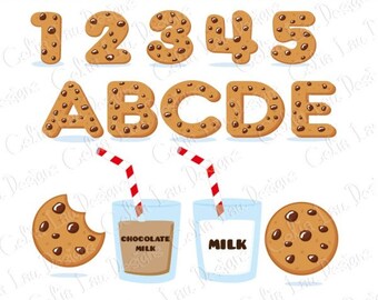 Cookies Font Digital Clip Art / Cookies Alphabet and number Clipart / Cookies and Milk Birthday Party (CG175)