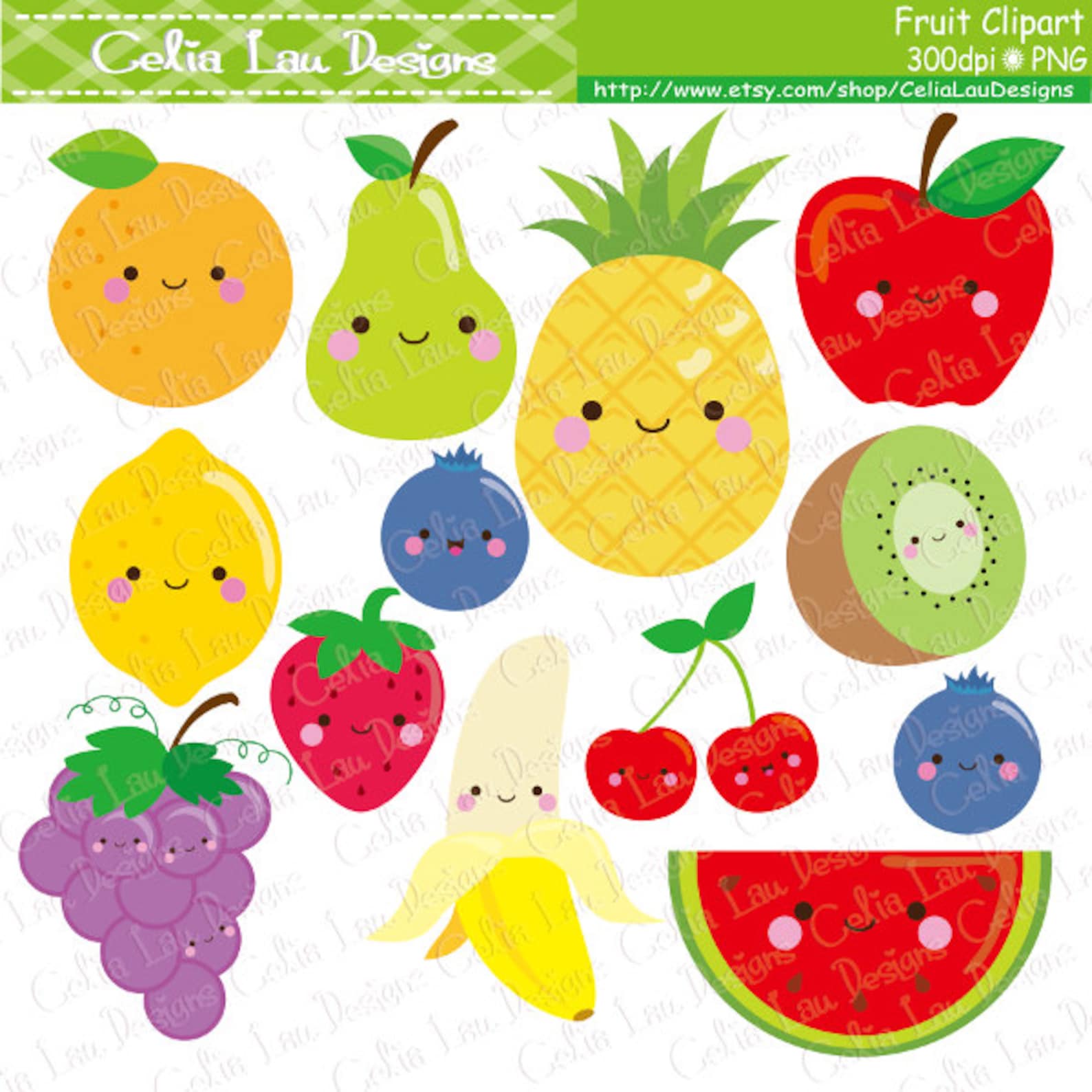 Kawaii Fruit Clipart Cute Fruit Clip Art Food Clipart Etsy
