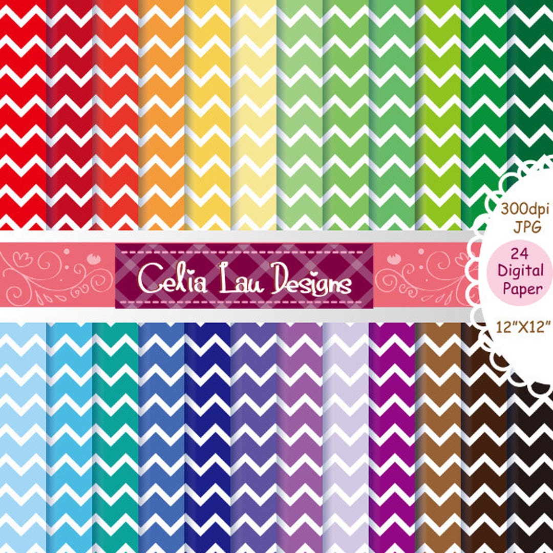 24 Color Set Pattern Digital Paper Pack, Chevron Stripes, Scrapbook ...