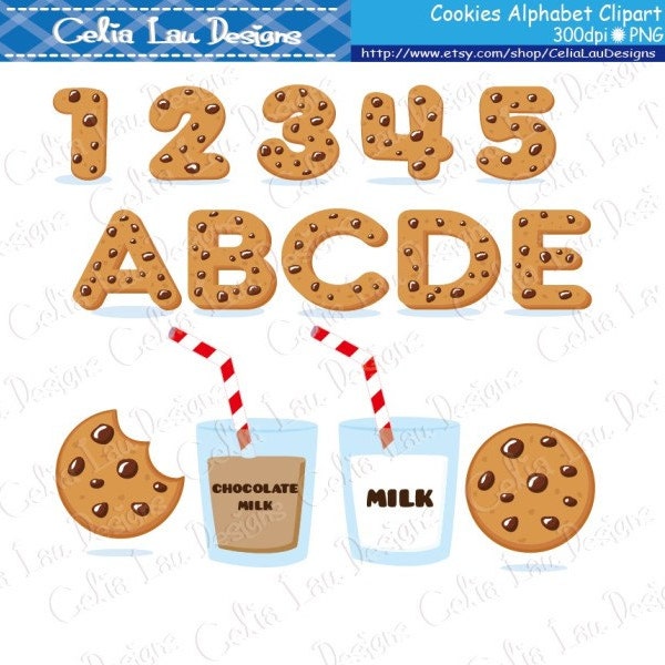 Cookies Font Digital Clip Art / Cookies Alphabet and number Clipart / Cookies and Milk Birthday Party (CG175)